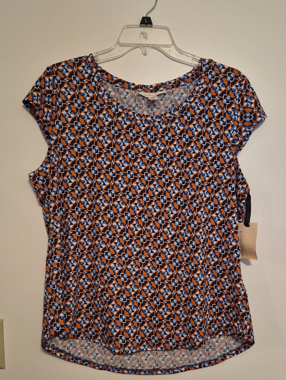 NWT Emaline Geometric Print Cap Sleeve Top - Blue & Orange SZ L